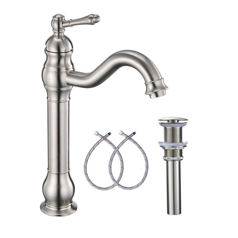 GGStudy 360Â° Swivel Single Handle One Hole Bathroom Vessel Sink Faucet Matching Pop Up Drain Without Overflow Brushed Nickel - Image 1
